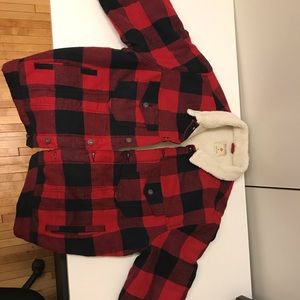 Ruff Hewn Red Buffalo Plaid Trucker Jacket